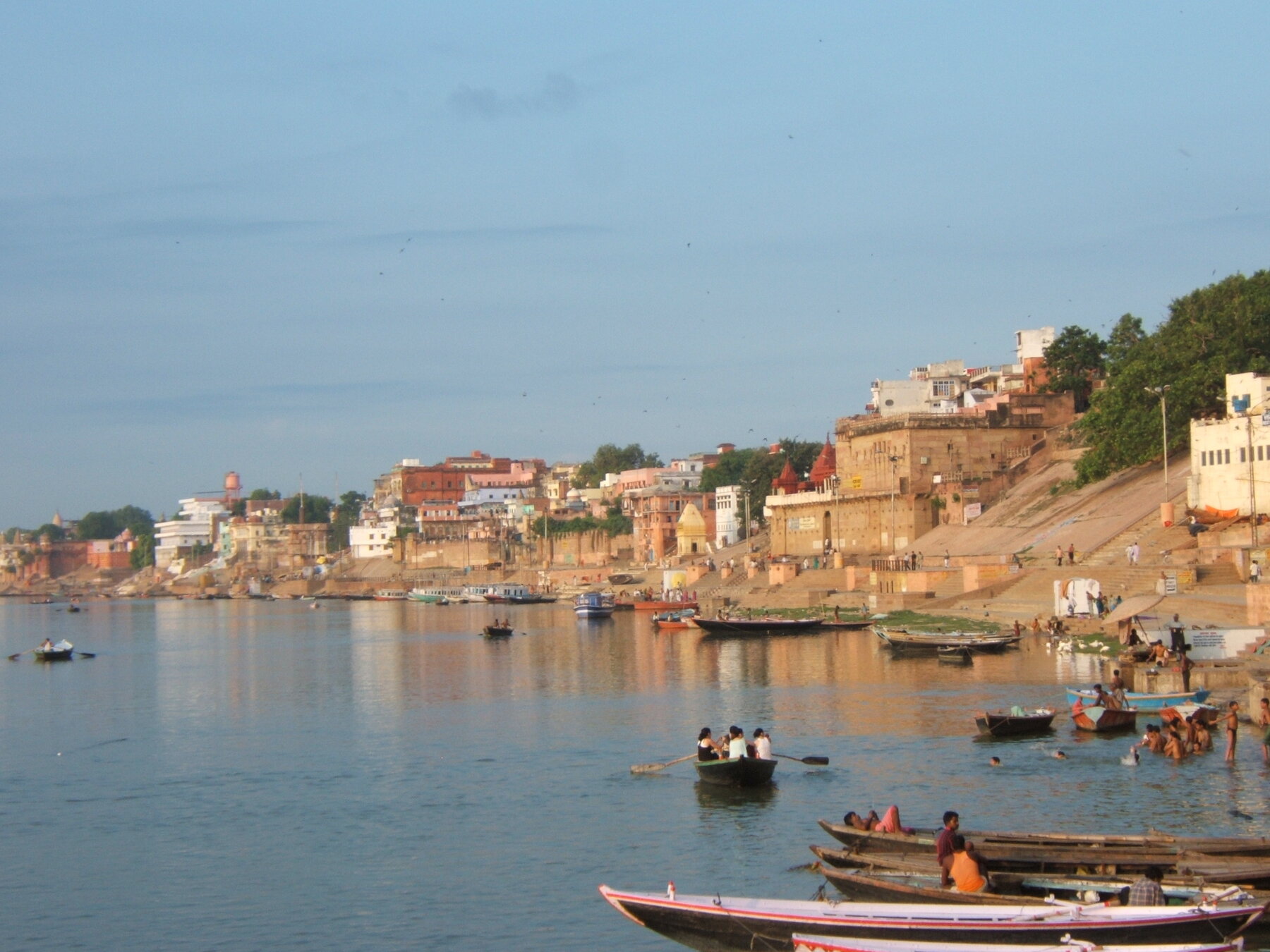 Morning light over the temple-lined ghats of Varanasi beside the Ganga